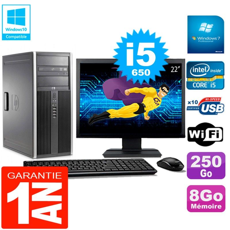 Ordinateur de bureau HP 8100 Tour - Écran 22'', Processeur Intel Core i5-650, 8 Go de RAM, Disque dur 250 Go, Graveur DVD, WiFi, Windows 7 Professionnel