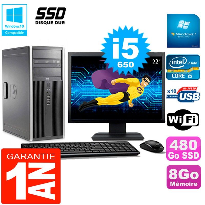HP 8100 Tour PC - 22" Screen, Core i5-650, 8GB RAM, 480GB SSD, DVD Burner, WiFi, Windows 7 Pro