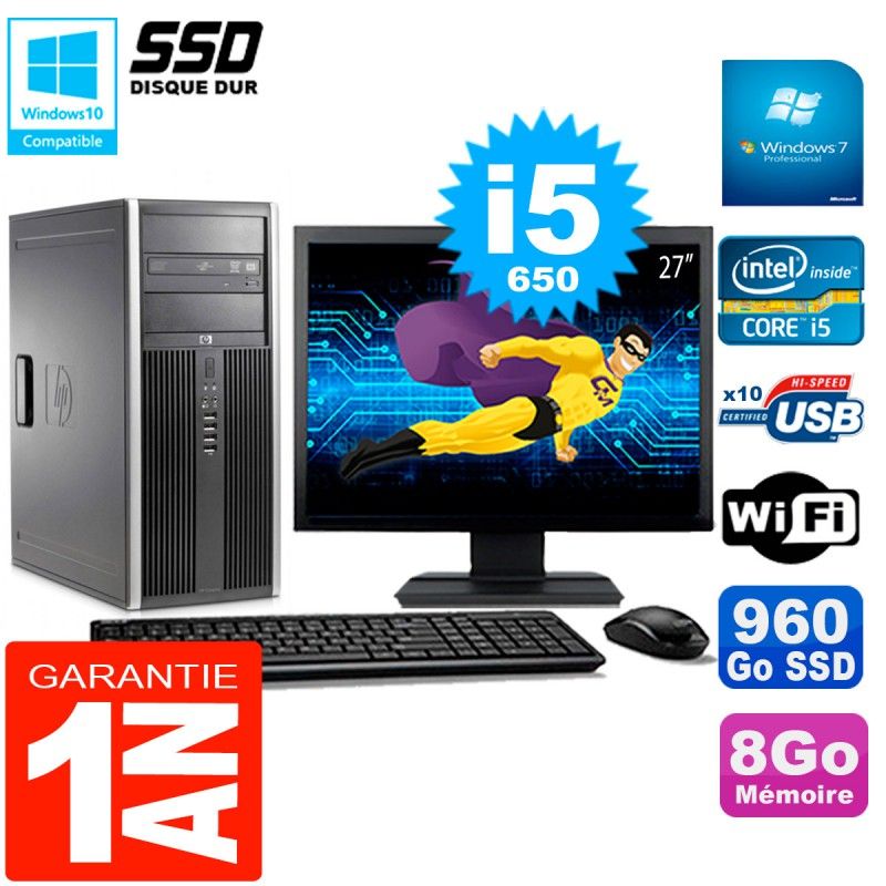 HP 8100 Tour PC - 27" Monitor, Core i5-650, 8GB RAM, 960GB SSD, DVD Burner, WiFi
