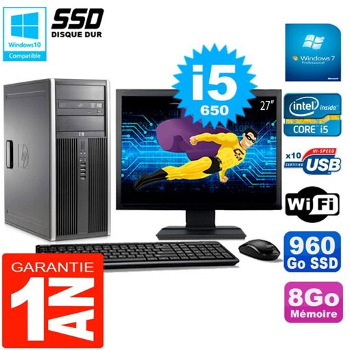 PC HP 8100 Tour - Monitor de 27", Core i5-650, 8GB de RAM, 960GB SSD, Grabador de DVD, WiFi
