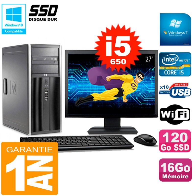 HP 8100 Tour PC - 27" Monitor, Core i5-650, 16GB RAM, 120GB SSD, DVD Drive, WiFi, Windows 7 Pro