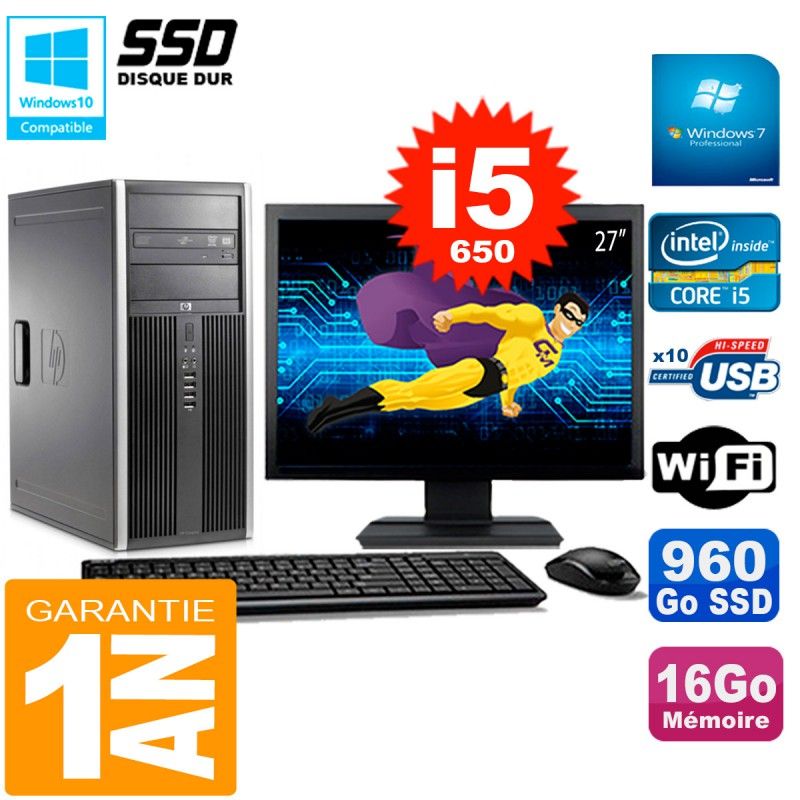 HP 8100 Tour PC - 27" Monitor, Core i5-650, 16GB RAM, 960GB SSD, DVD Drive, WiFi, Windows 7 Pro