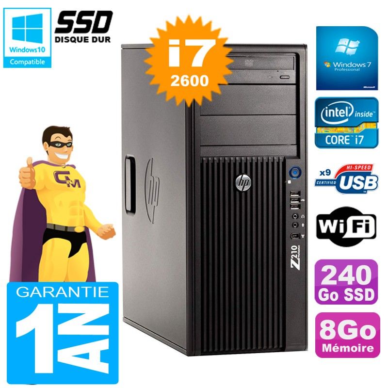 Estación de trabajo HP Z210 Tour - Procesador Intel Core i7-2600, 8 GB de RAM, 240 GB SSD, Grabadora de DVD, WiFi, Windows 7 Profesional