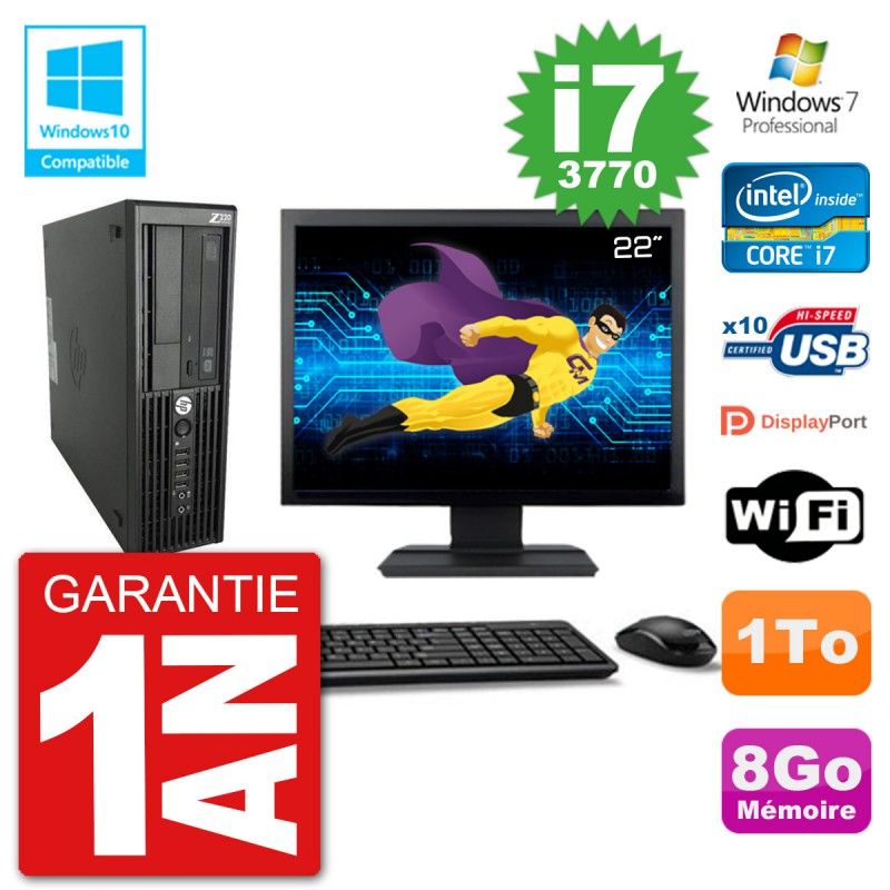 Ordinateur de bureau HP Z220 SFF - Écran 22 pouces, Intel Core i7-3770, 8 Go de RAM, 1 To HDD, Lecteur DVD, Wifi, Windows 7 Pro