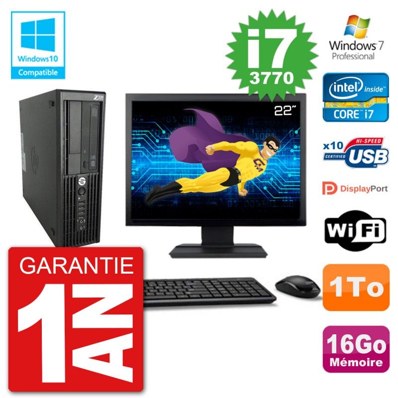 HP Z220 SFF Desktop Computer - 22" Screen, Intel Core i7-3770, 16GB RAM, 1TB HDD, DVD Drive, WiFi, Windows 7 Pro