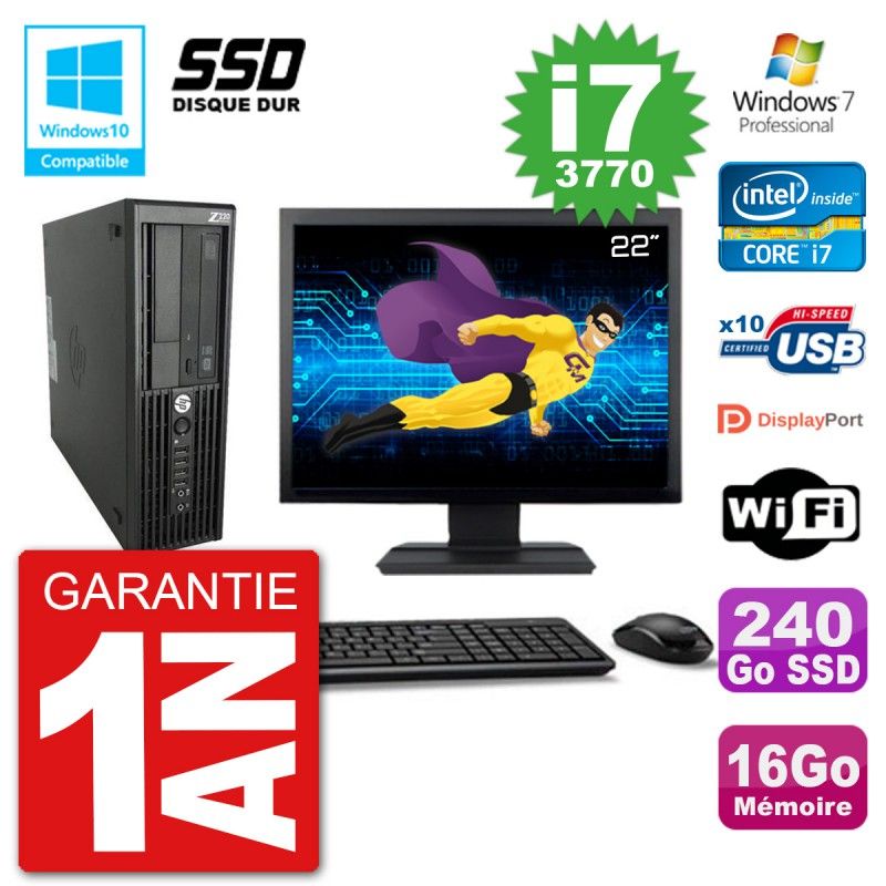HP Z220 SFF Desktop Computer - 22" Screen, Intel Core i7-3770, 16GB RAM, 240GB SSD, DVD Drive, Wifi, Windows 7 Pro