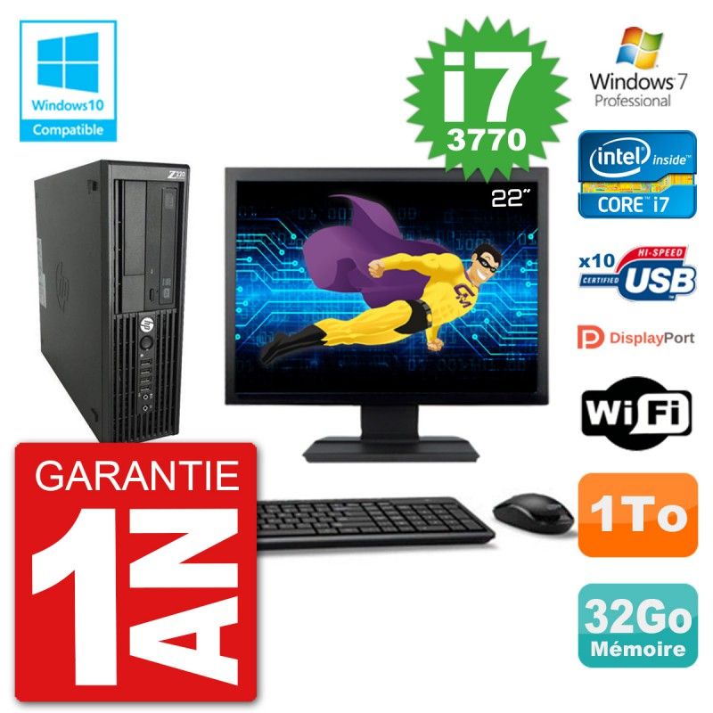 HP Z220 SFF Desktop Computer - 22" Screen, Core i7-3770, 32GB RAM, 1TB HDD, DVD Drive, WiFi, Windows 7 Pro