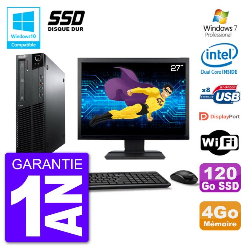 Lenovo M82 SFF Desktop Computer | 27" Screen | 4GB RAM | 120GB SSD | DVD Drive | WiFi | Windows 7 Pro