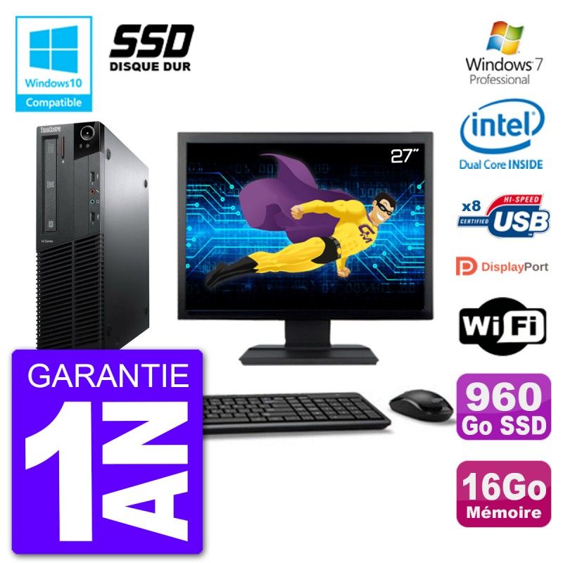 Lenovo M82 SFF Desktop Computer - 27" Screen, Intel Pentium G640, 16GB RAM, 960GB SSD, DVD Drive, Wi-Fi, Windows 7 Pro