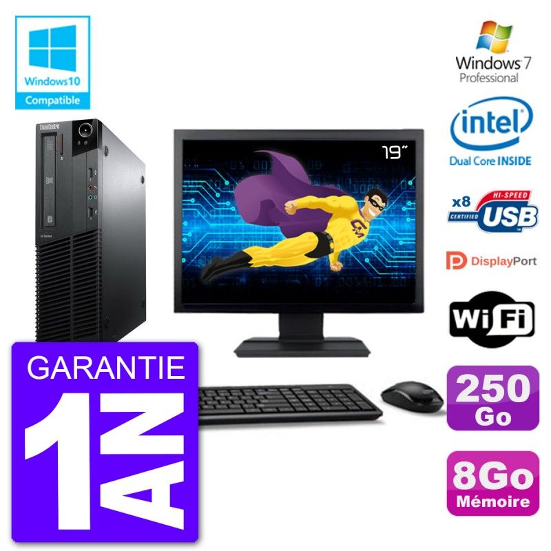 Lenovo M82 SFF Desktop Computer - 19" Screen, Intel Pentium G640, 8GB RAM, 250GB HDD, DVD Drive, WiFi, Windows 7 Pro