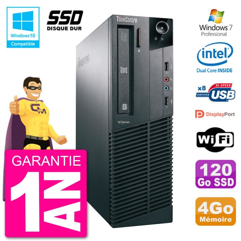 Lenovo ThinkCentre M82 SFF Desktop PC - Intel Pentium G2020, 4GB RAM, 120GB SSD, DVD Burner, WiFi, Windows 7 Pro