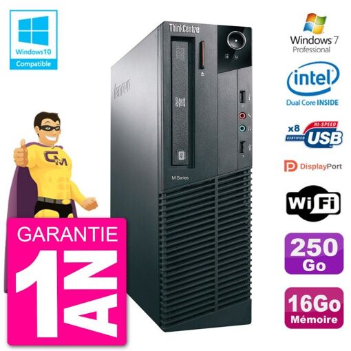 Ordinateur de bureau Lenovo ThinkCentre M82 SFF - Processeur Intel Pentium G2020, 16 Go de RAM, disque dur 250 Go, lecteur optique DVD, Wi-Fi, Windows 7 Pro