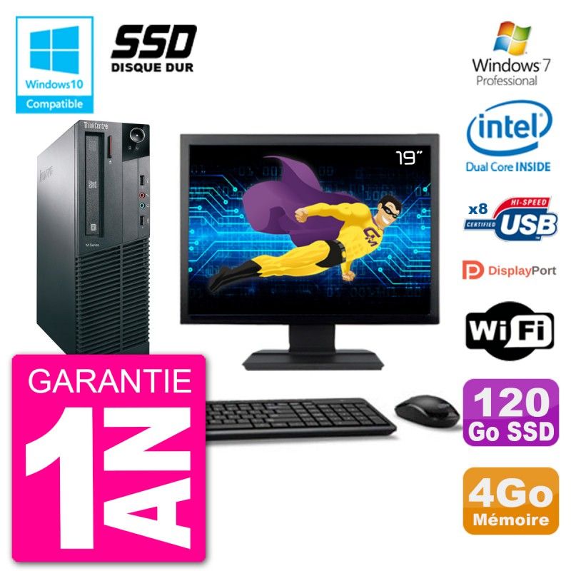 Lenovo M82 SFF PC - 19" Screen, Intel Pentium G2020, 4GB RAM, 120GB SSD, DVD Burner, WiFi, Windows 7 Pro
