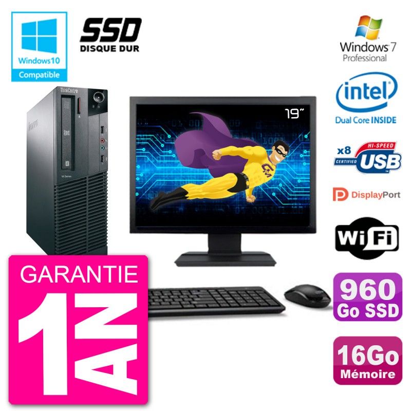 Lenovo M82 SFF Desktop PC - 19" Screen, Intel Pentium G2020, 16GB RAM, 960GB SSD, DVD Drive, WiFi