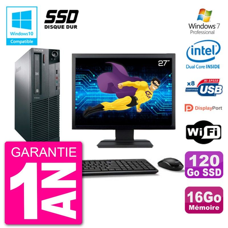 Lenovo M82 SFF Computer - 27" Screen, Intel Pentium G2020, 16GB RAM, 120GB SSD, DVD Drive, Wifi, Windows 7 Pro