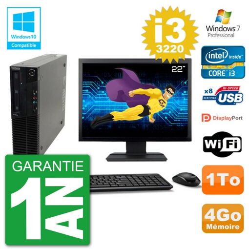 Computadora de escritorio Lenovo M82 SFF - Pantalla de 22'', i3-3220, 4 GB de RAM, 1 TB HDD, Unidad DVD, WiFi, Windows 7 Pro