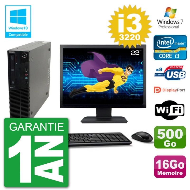 Lenovo M82 SFF Computer - 22" Screen, i3-3220, 16GB RAM, 500GB HDD, DVD Drive, WiFi, Windows 7 Pro