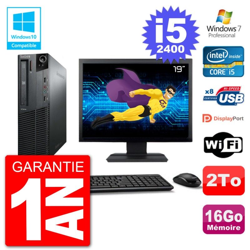 Ordinateur de bureau Lenovo M82 SFF - Écran 19'', i5-2400, 16 Go RAM, 2 To HDD, Lecteur DVD, WiFi, Windows 7 Pro