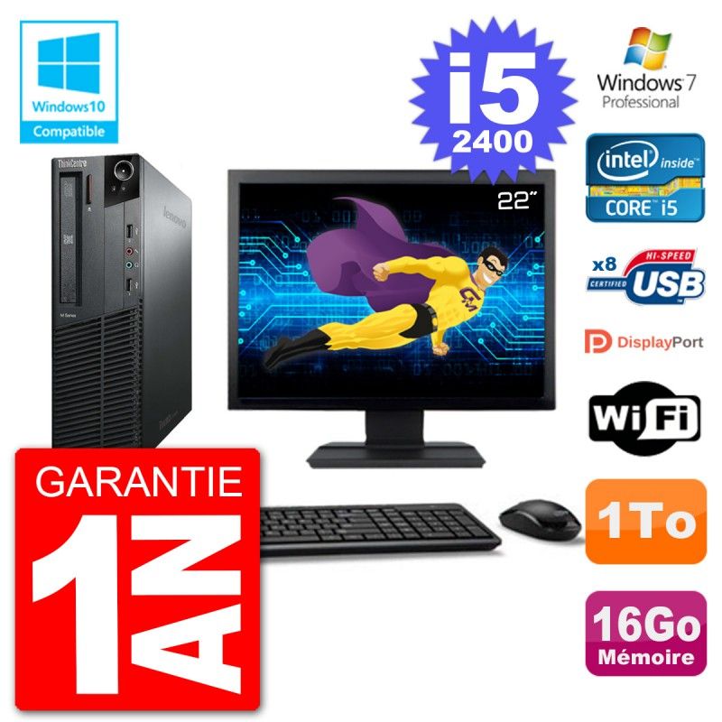 Ordenador de escritorio Lenovo M82 SFF - Pantalla de 22', i5-2400, 16GB RAM, 1TB HDD, Lectora DVD, WiFi