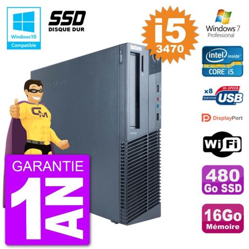 Ordenador de sobremesa Lenovo ThinkCentre M82 SFF - Procesador Intel Core i5-3470, 16GB de RAM, 480GB SSD, Grabadora de DVD, WiFi, Windows 7 Pro