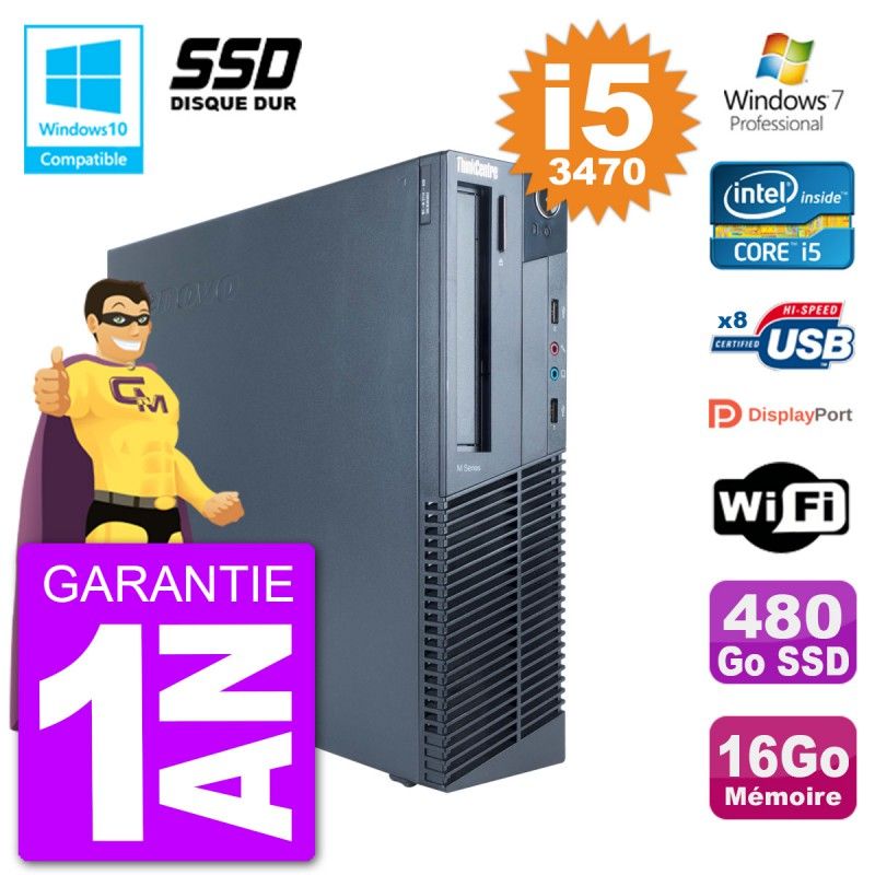 Ordenador de sobremesa Lenovo ThinkCentre M82 SFF - Procesador Intel Core i5-3470, 16GB de RAM, 480GB SSD, Grabadora de DVD, WiFi, Windows 7 Pro