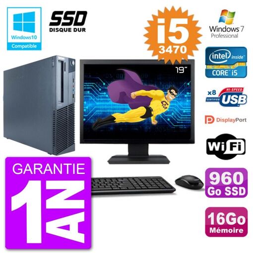 PC de escritorio Lenovo M82 SFF - Pantalla de 19", Intel Core i5-3470, 16 GB RAM, 960 GB SSD, Unidad de DVD, Wifi, Windows 7 Pro