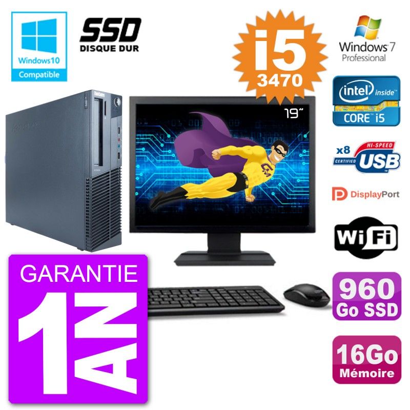 Lenovo M82 SFF Desktop PC - 19" Screen, i5-3470, 16GB RAM, 960GB SSD, DVD Drive, Wifi, Windows 7 Pro