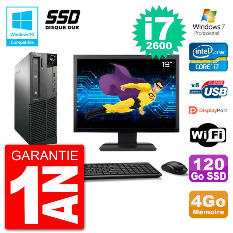 PC de escritorio Lenovo M82 SFF - Pantalla de 19', i7-2600, 4GB RAM, SSD de 120GB, Grabadora de DVD, Wifi