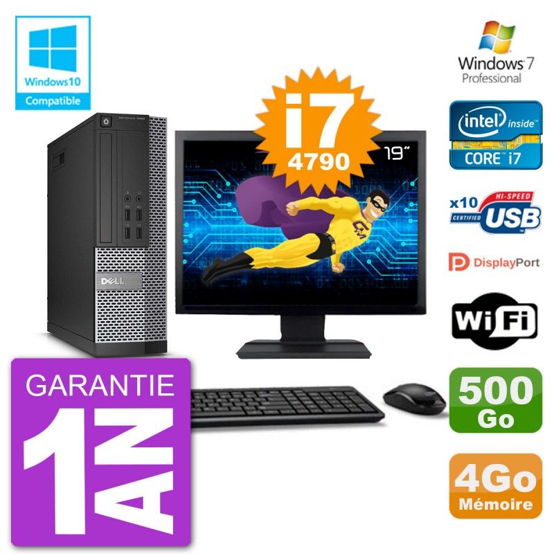 Dell Optiplex 7020 SFF Computer - 19" Screen, Intel i7-4790, 4GB RAM, 500GB Hard Drive, DVD Burner, Wifi