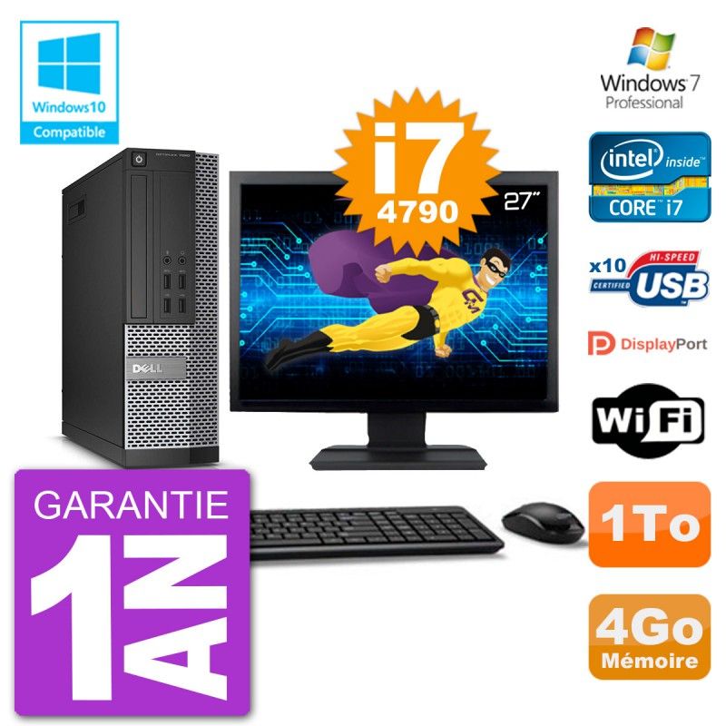 Computadora Dell Optiplex 7020 SFF - Pantalla de 27", Procesador Intel i7-4790, 4 GB de RAM, Disco duro de 1 TB, Grabadora de DVD, WiFi