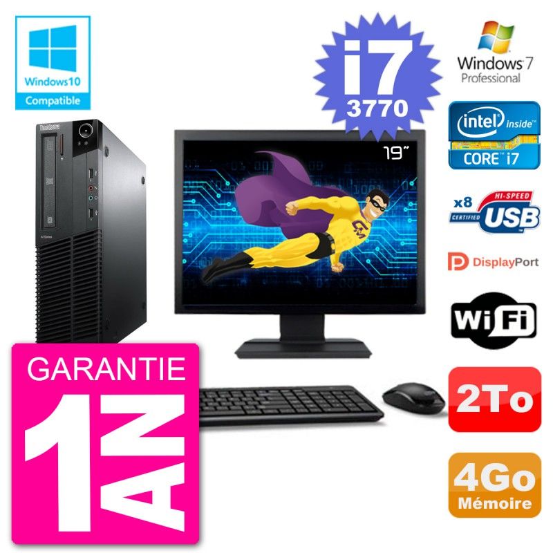 Lenovo M82 SFF Desktop PC - 19" Screen, i7-3770, 4GB RAM, 2TB HDD, DVD Drive, WiFi, Windows 7 Pro