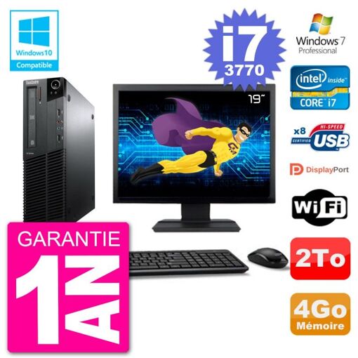 PC de escritorio Lenovo M82 SFF - Pantalla de 19", i7-3770, 4 GB de RAM, 2 TB HDD, Unidad DVD, WiFi, Windows 7 Pro