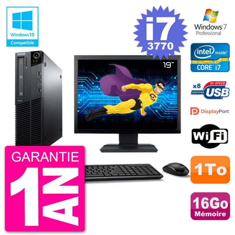 Lenovo M82 SFF Computer - 19" Screen, i7-3770, 16GB RAM, 1TB HDD, DVD Drive, Wifi