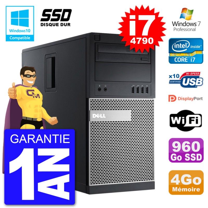 Dell Optiplex 9020 MT - Intel Core i7-4790, 4GB RAM, 960GB SSD, DVD Burner, Wifi