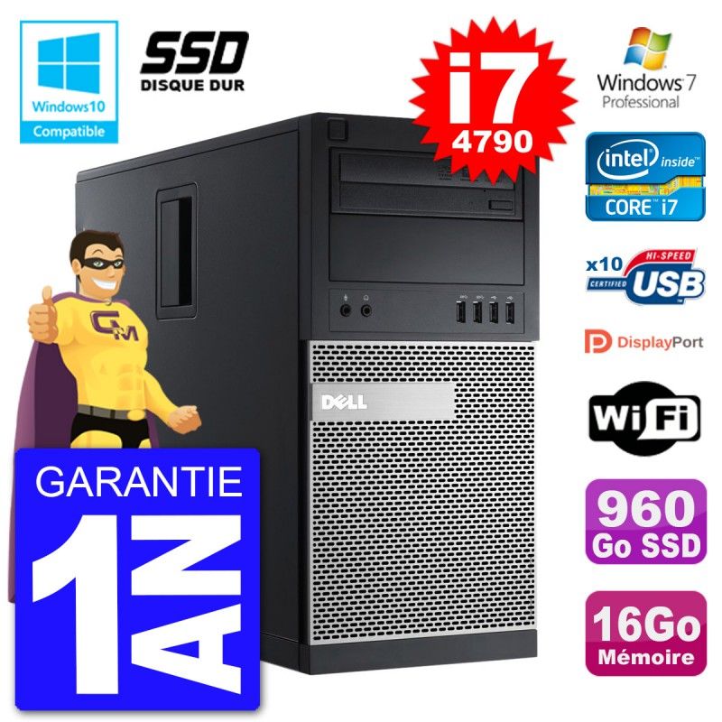 Dell Optiplex 9020 Tower PC - Intel Core i7-4790, 16GB RAM, 960GB SSD, DVD Burner, WiFi, Windows 7 Pro