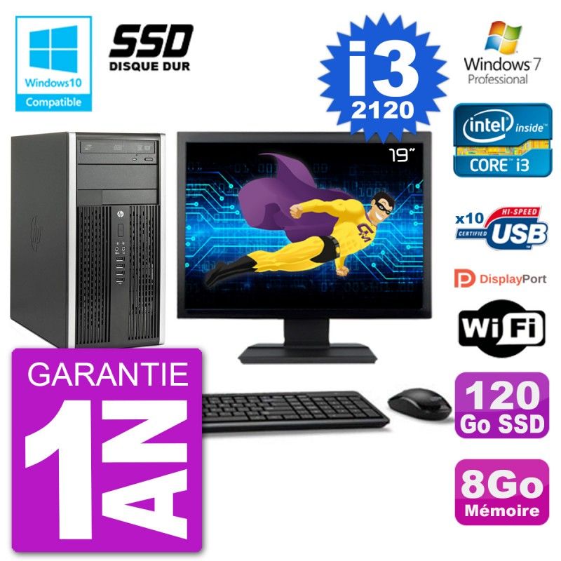 HP Compaq Pro 6300 MT Desktop Computer - 19-inch Screen, Core i3-2120, 8GB RAM, 120GB SSD, DVD Burner, Wifi, Windows 7