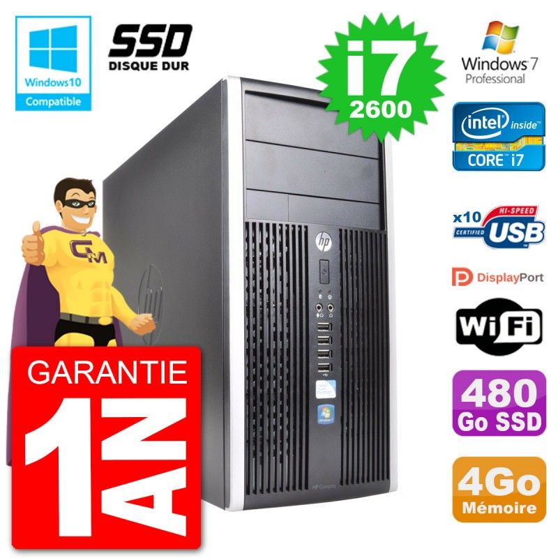 HP Compaq Pro 6300 MT Desktop PC - Intel Core i7-2600, 4GB RAM, 480GB SSD, DVD Burner, WiFi, Windows 7 Pro