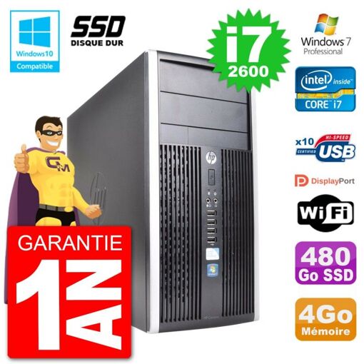 PC de escritorio HP Compaq Pro 6300 MT - Procesador Intel Core i7-2600, 4GB RAM, 480GB SSD, Grabadora de DVD, WiFi, Windows 7 Pro