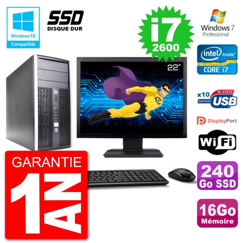 HP Compaq Pro 6300 MT Desktop PC - 22" Screen, Core i7-2600, 16GB RAM, 240GB SSD, DVD Burner, WiFi, Windows 7 Pro