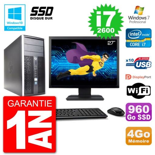 PC de escritorio HP Compaq Pro 6300 MT - Pantalla de 27', Intel Core i7-2600, 4GB RAM, 960GB SSD, Grabadora de DVD, WiFi, Windows 7 Pro