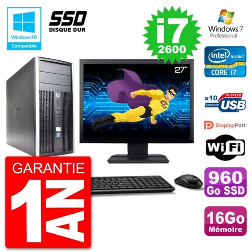 PC de escritorio HP Compaq Pro 6300 MT - Pantalla de 27'', Intel Core i7-2600, 16GB RAM, 960GB SSD, Grabadora de DVD, WiFi