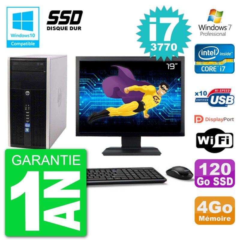 HP Compaq Pro 6300 MT Desktop Computer - 19" Screen, Intel Core i7-3770, 4GB RAM, 120GB SSD, DVD Burner, Wifi, Windows 7 Pro