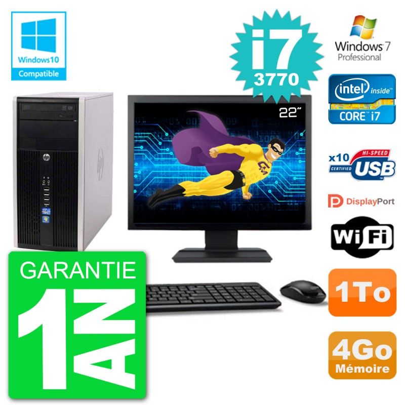 HP 6300 MT Desktop Computer - 22" Screen, Core i7-3770, 4GB RAM, 1TB HDD, DVD Burner, WiFi, Windows 7 Pro