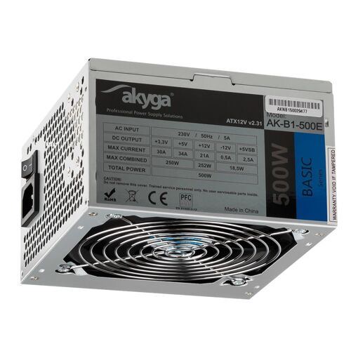 Akyga Serie Básico AK-B1-500E - Fuente de alimentación para PC - ATX12V 2.31 - CA 230 V - 500 vatios - PFC - gris