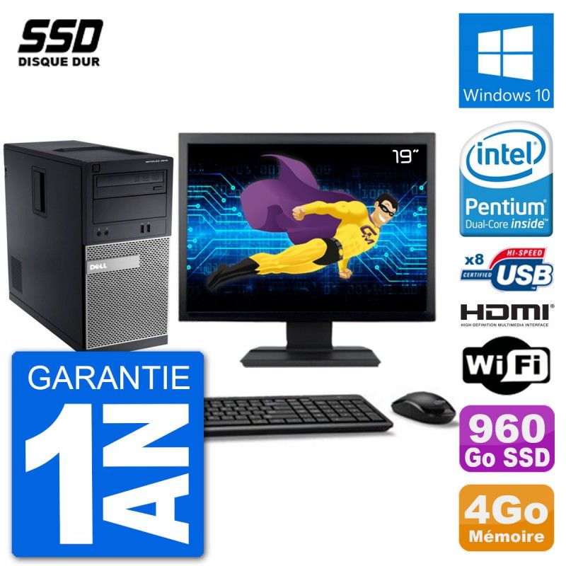 Dell Optiplex 3010 MT Desktop PC - 19" Screen, Intel Pentium G2020, 4GB RAM, 960GB SSD, HDMI, Windows 10, Wifi