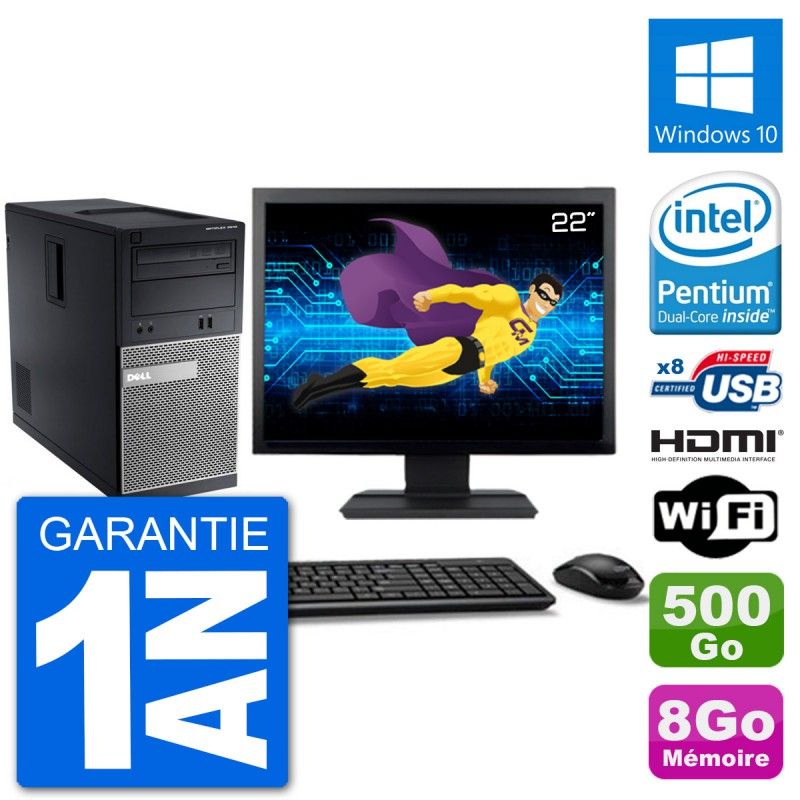 Dell Optiplex 3010 MT Desktop PC - 22" Screen, Intel Pentium G2020, 8GB RAM, 500GB HDD, HDMI, Windows 10, WiFi