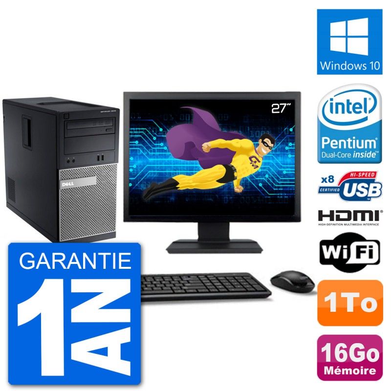 Dell Optiplex 3010 MT Desktop Computer, 27" Screen, Intel Pentium G2020, 16GB RAM, 1TB Hard Drive, HDMI, Windows 10, WiFi
