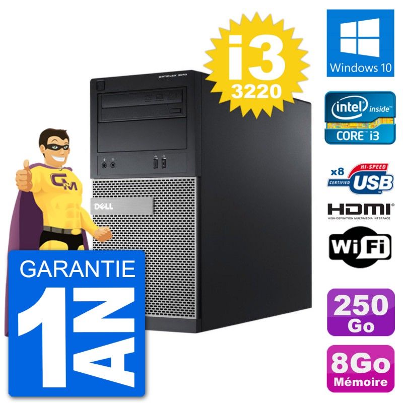 Dell Optiplex 3010 MT Desktop PC - i3-3220, 8GB RAM, 250GB HDD, HDMI, WiFi, Windows 10