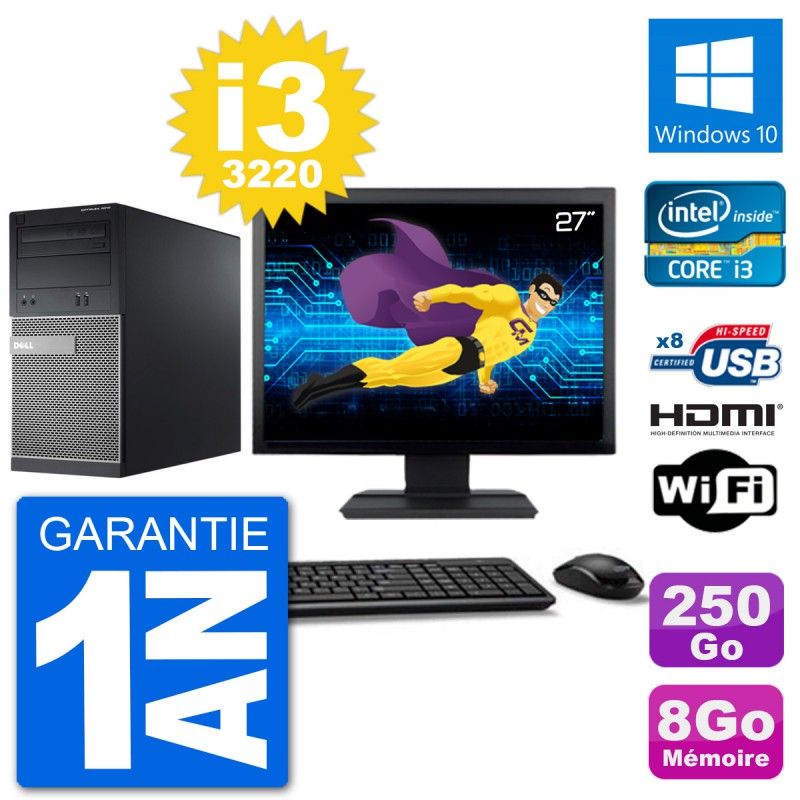 Dell Optiplex 3010 MT Desktop Computer, 27" Screen, i3-3220, 8GB RAM, 250GB HDD, HDMI, Windows 10, WiFi