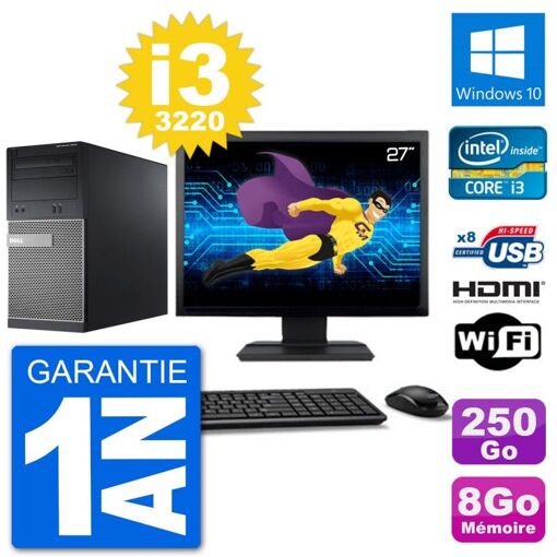 Computadora de escritorio Dell Optiplex 3010 MT, pantalla de 27'', procesador Intel Core i3-3220, 8 GB de RAM, disco duro de 250 GB, HDMI, Windows 10, WiFi